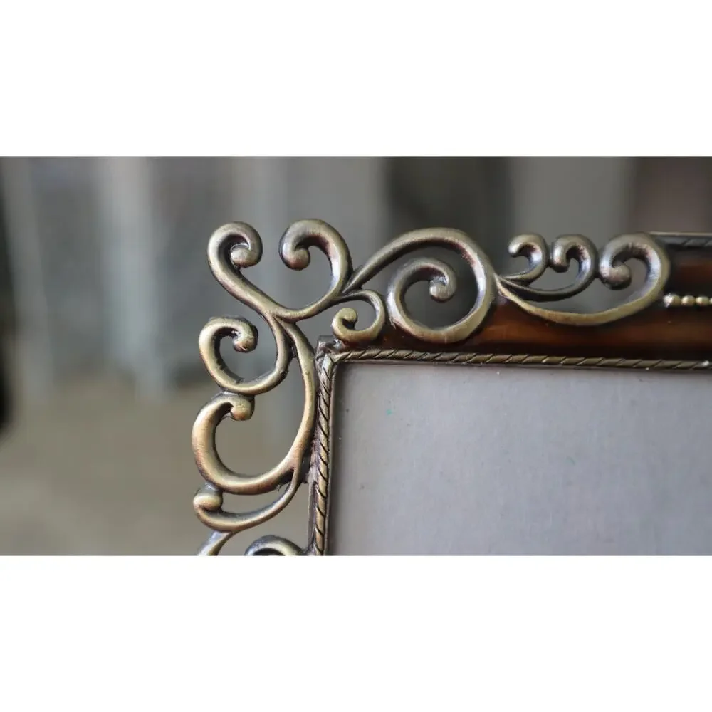 Vintage 90s Y2K Silver Pewter Angel Picture Frame Photo Ornate Brown Enamel 3x5